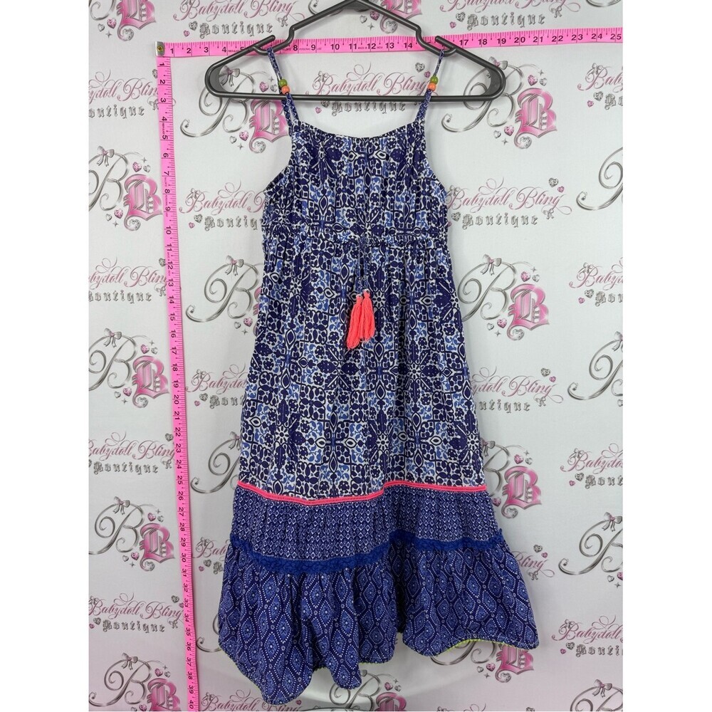 Monsoon dress smock Blue Printed Maxi Dress with Pink Tassel Accent